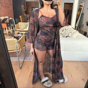 Y2K Sheer Floral Mesh Duster Set 3 Piece Goth Festival Coachella